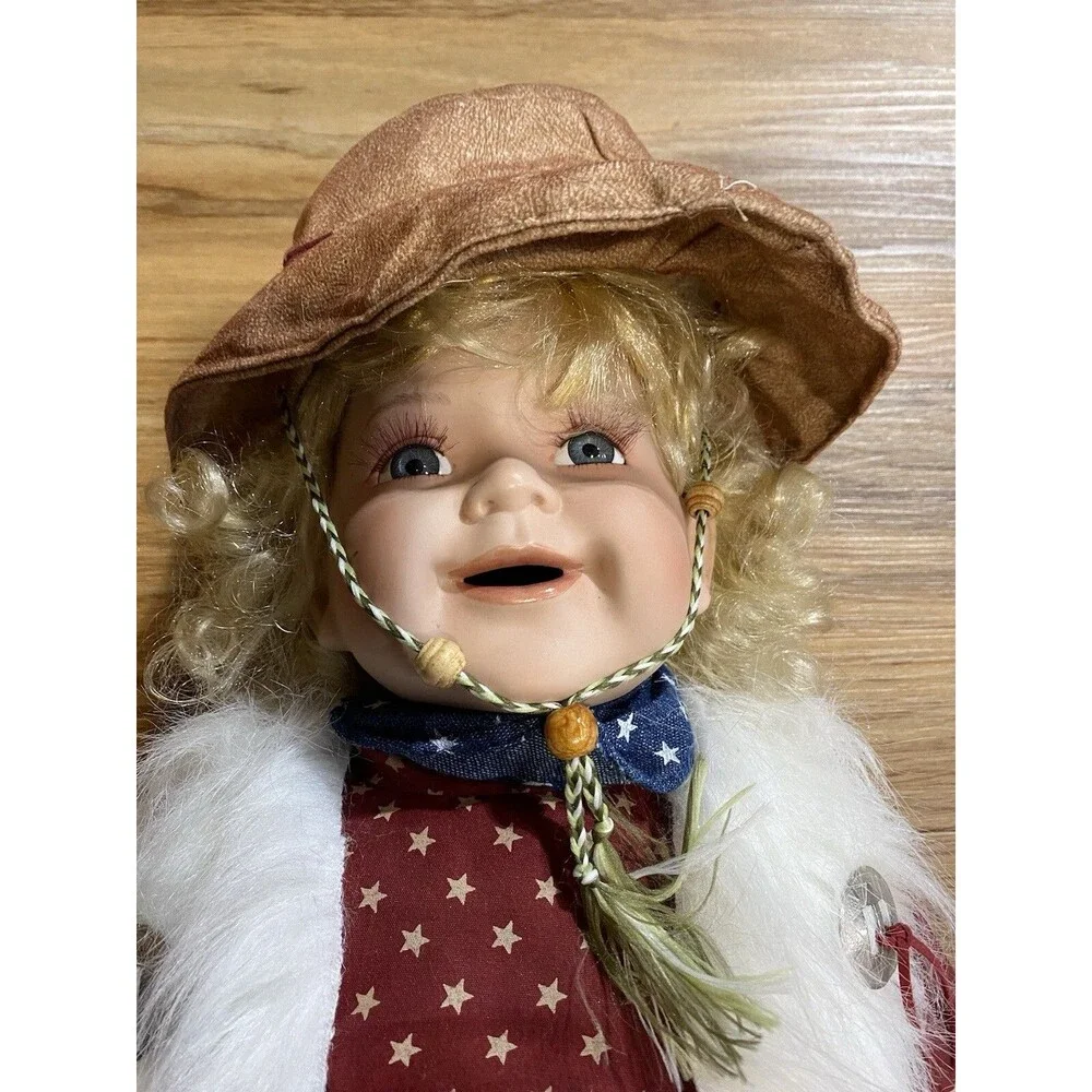 22in Porcelain Doll Patriotic Cowgirl Blonde Curls Blue Eye